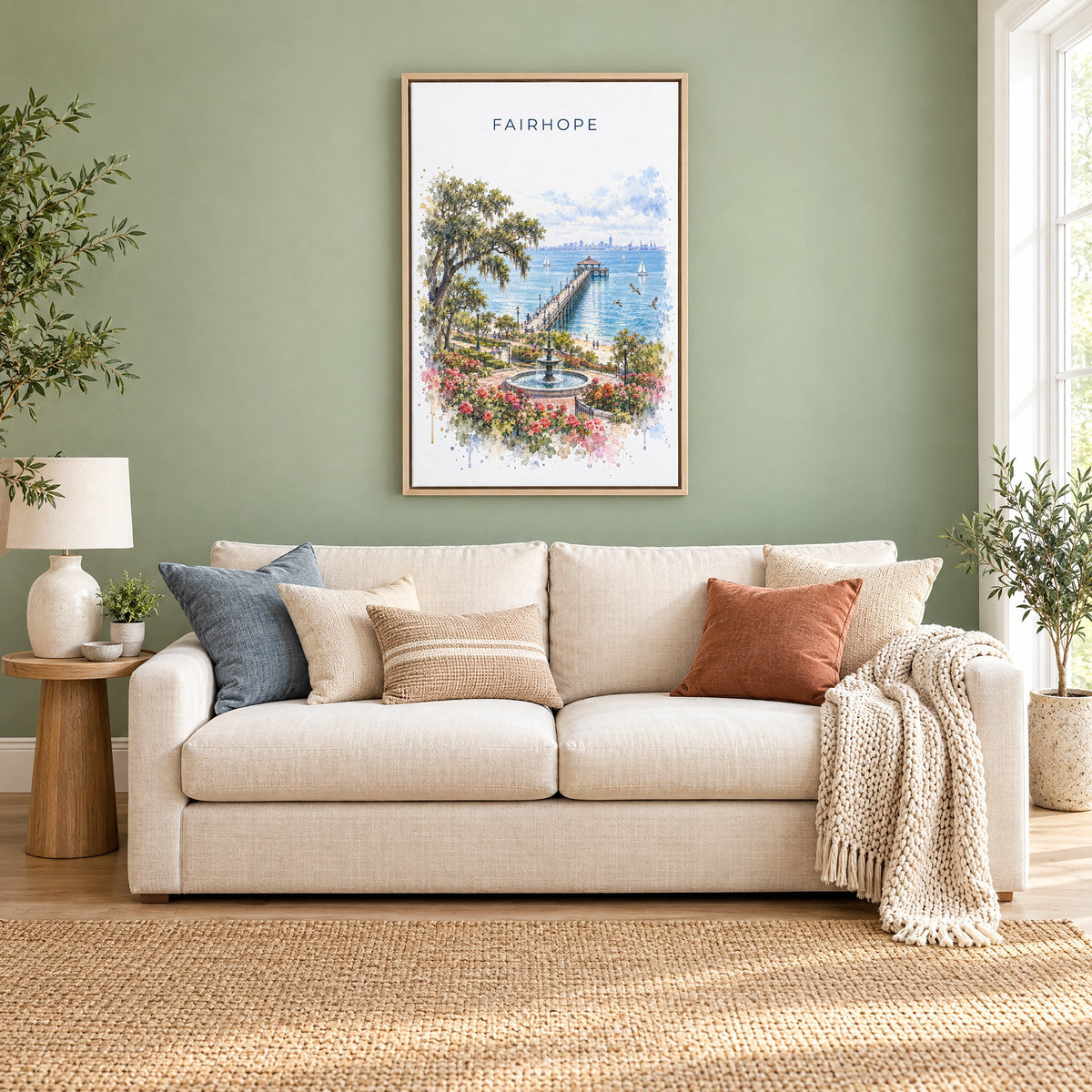 Fairhope watercolor print as a natural floater canvas above a cream linen sofa on a sage green wall