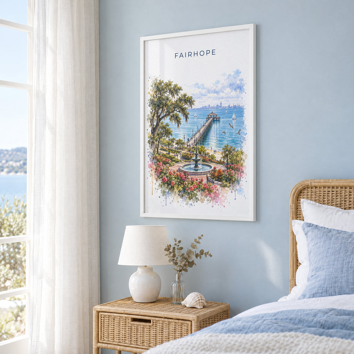 Fairhope watercolor print in a white frame on a pale blue wall beside a rattan bed in a coastal bedroom