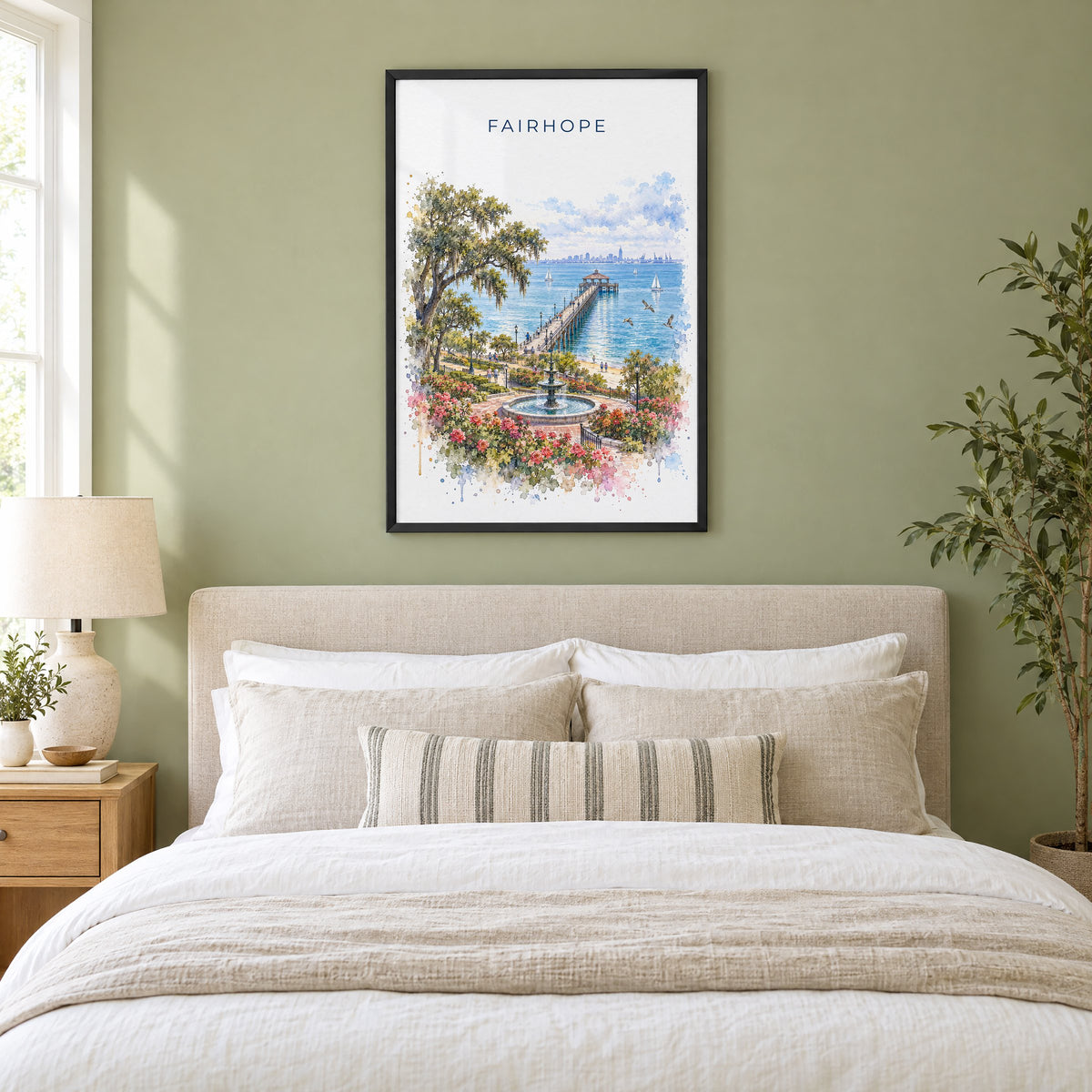 Fairhope watercolor print in a black frame above an upholstered headboard in a sage green bedroom