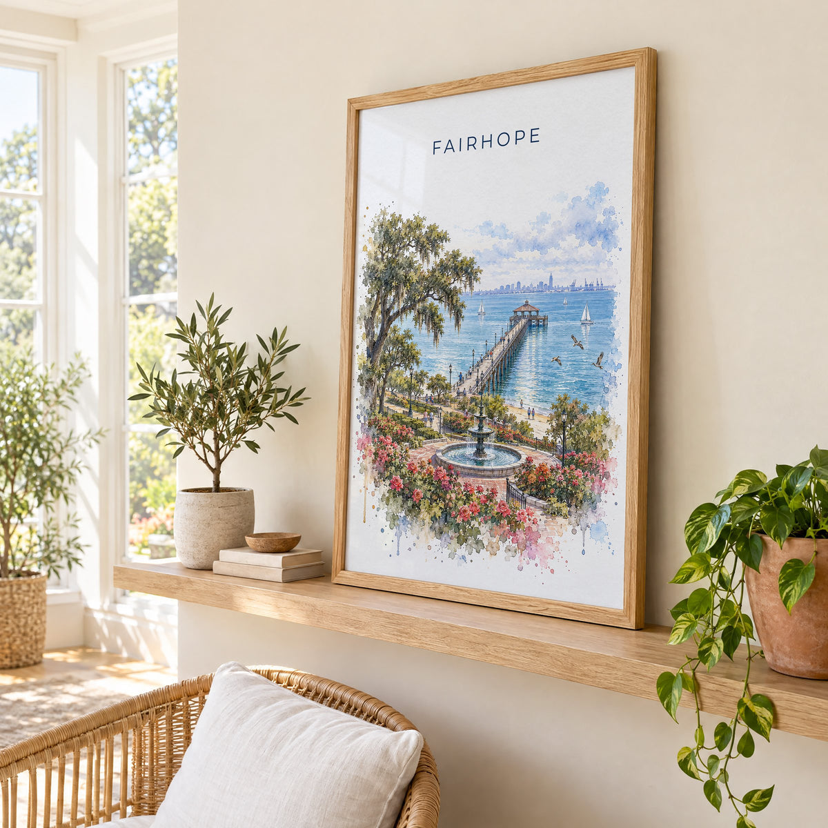 Fairhope watercolor print in an oak frame on a picture ledge in a sunlit sunroom