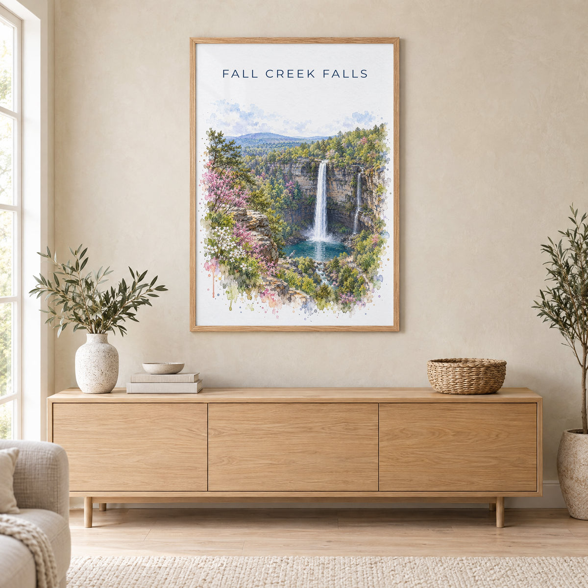 Fall Creek Falls watercolor print in an oak frame above a light wood sideboard in a Scandinavian living room