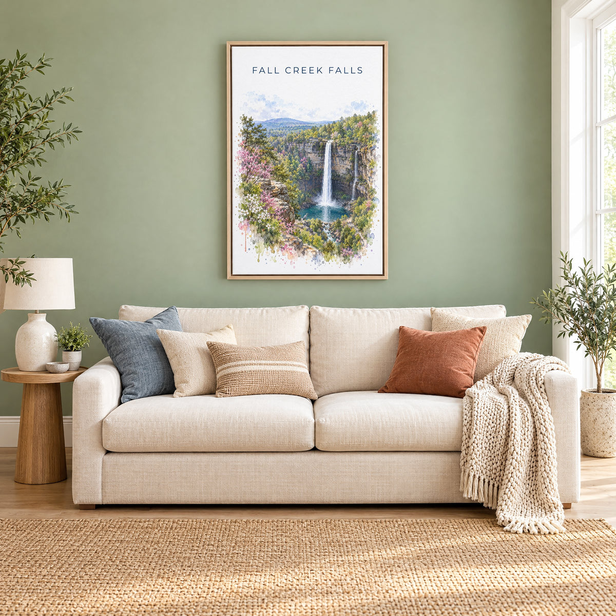 Fall Creek Falls watercolor print as a natural floater canvas above a cream linen sofa on a sage green wall