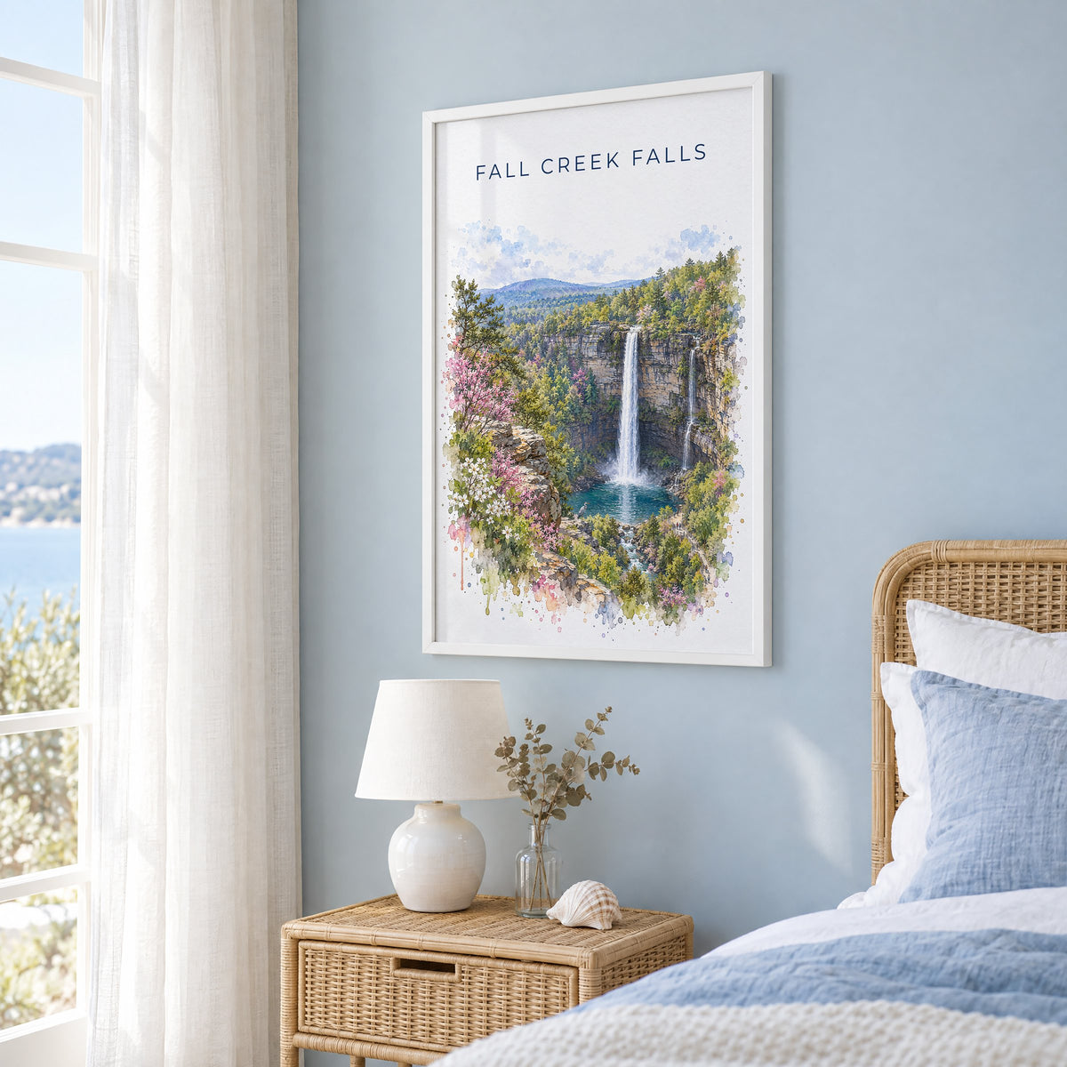 Fall Creek Falls watercolor print in a white frame on a pale blue wall beside a rattan bed in a coastal bedroom