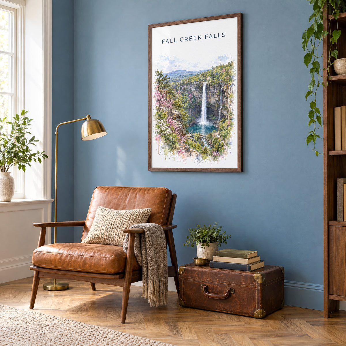 Fall Creek Falls watercolor print in a walnut frame on a blue wall above a leather armchair in a reading nook