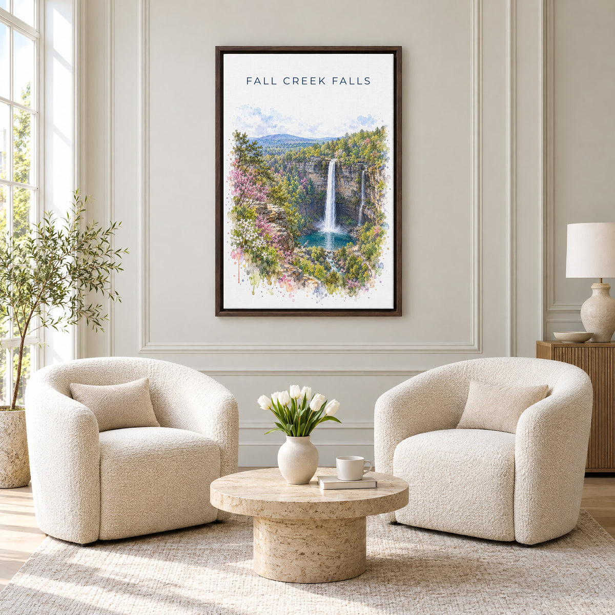 Fall Creek Falls watercolor print as an espresso floater canvas above two boucle armchairs in a hotel lounge