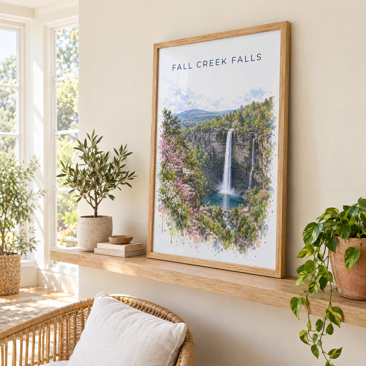 Fall Creek Falls watercolor print in an oak frame on a picture ledge in a sunlit sunroom