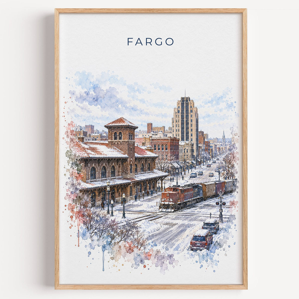 Fargo watercolor print in a light oak frame on a plain white wall
