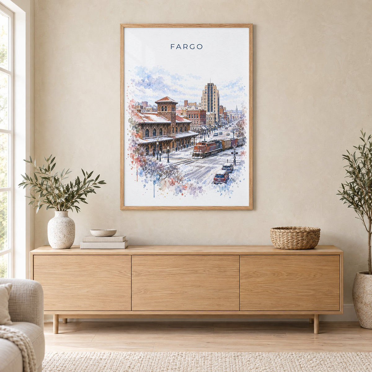 Fargo watercolor print in an oak frame above a light wood sideboard in a Scandinavian living room