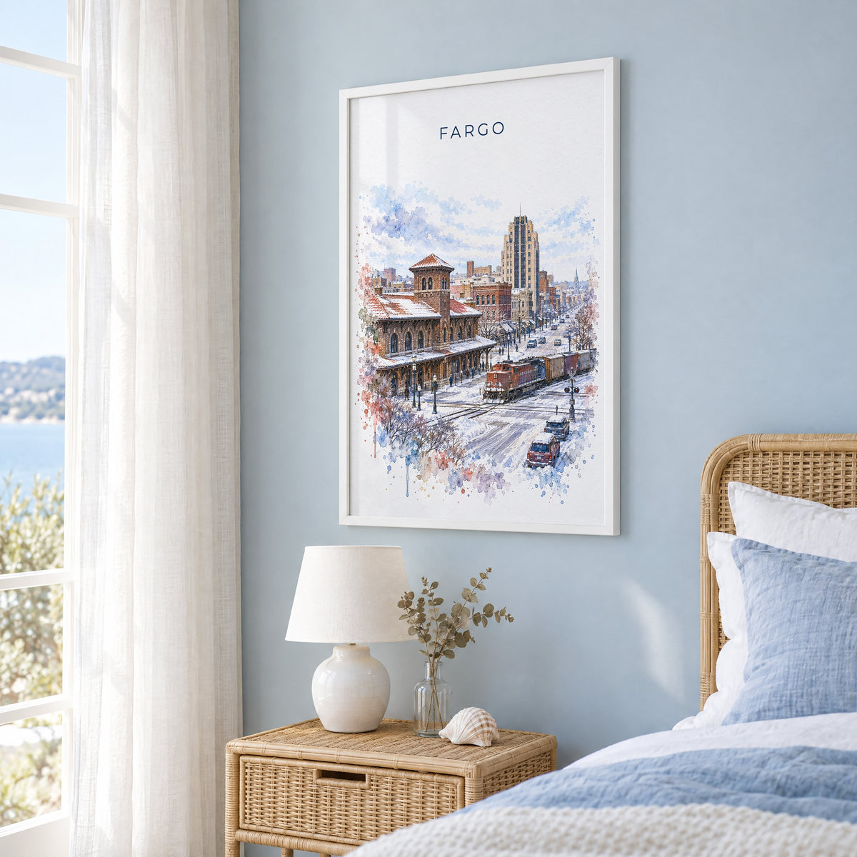 Fargo watercolor print in a white frame on a pale blue wall beside a rattan bed in a coastal bedroom