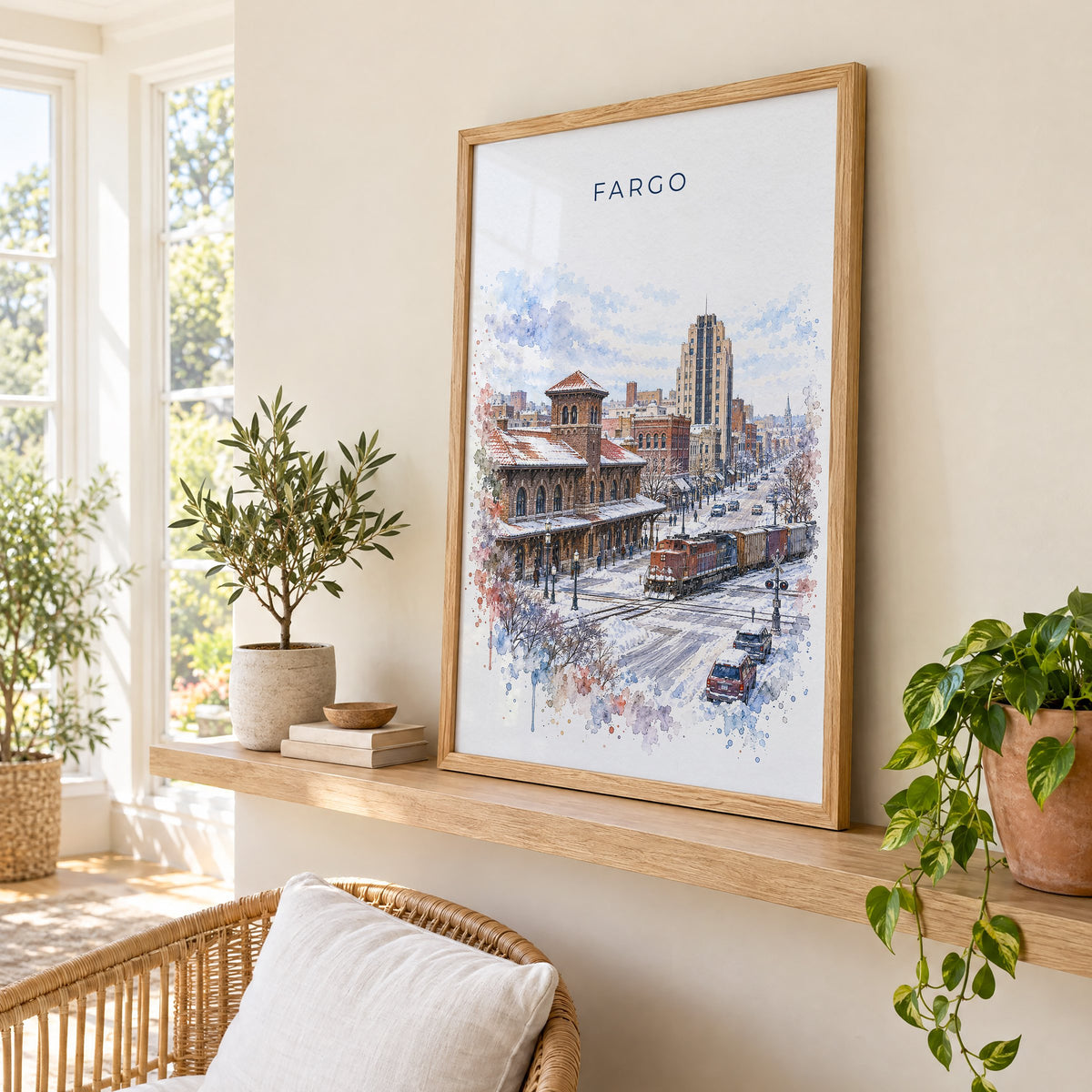 Fargo watercolor print in an oak frame on a picture ledge in a sunlit sunroom