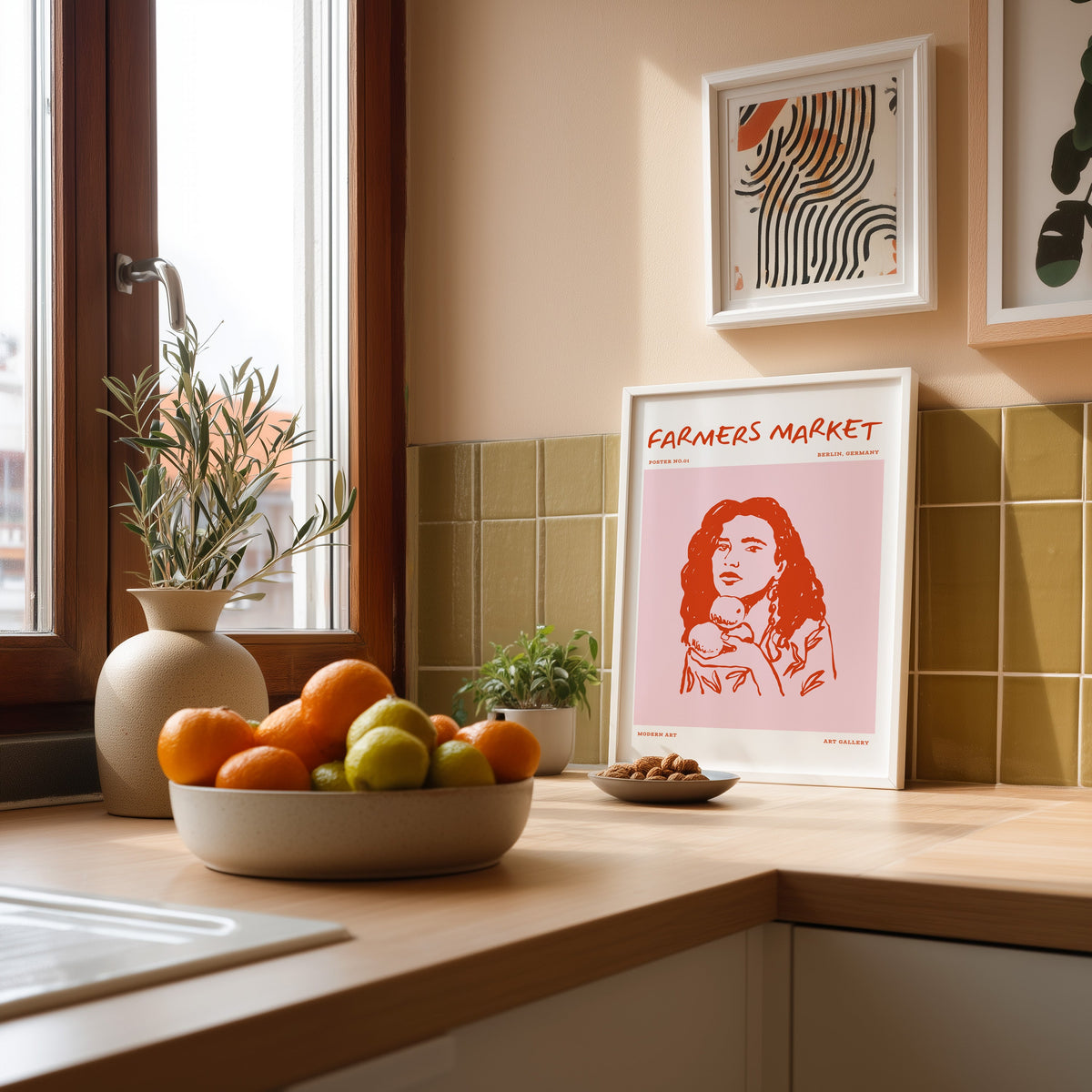 Farmers Market curly hair print in a white frame against olive green tiles