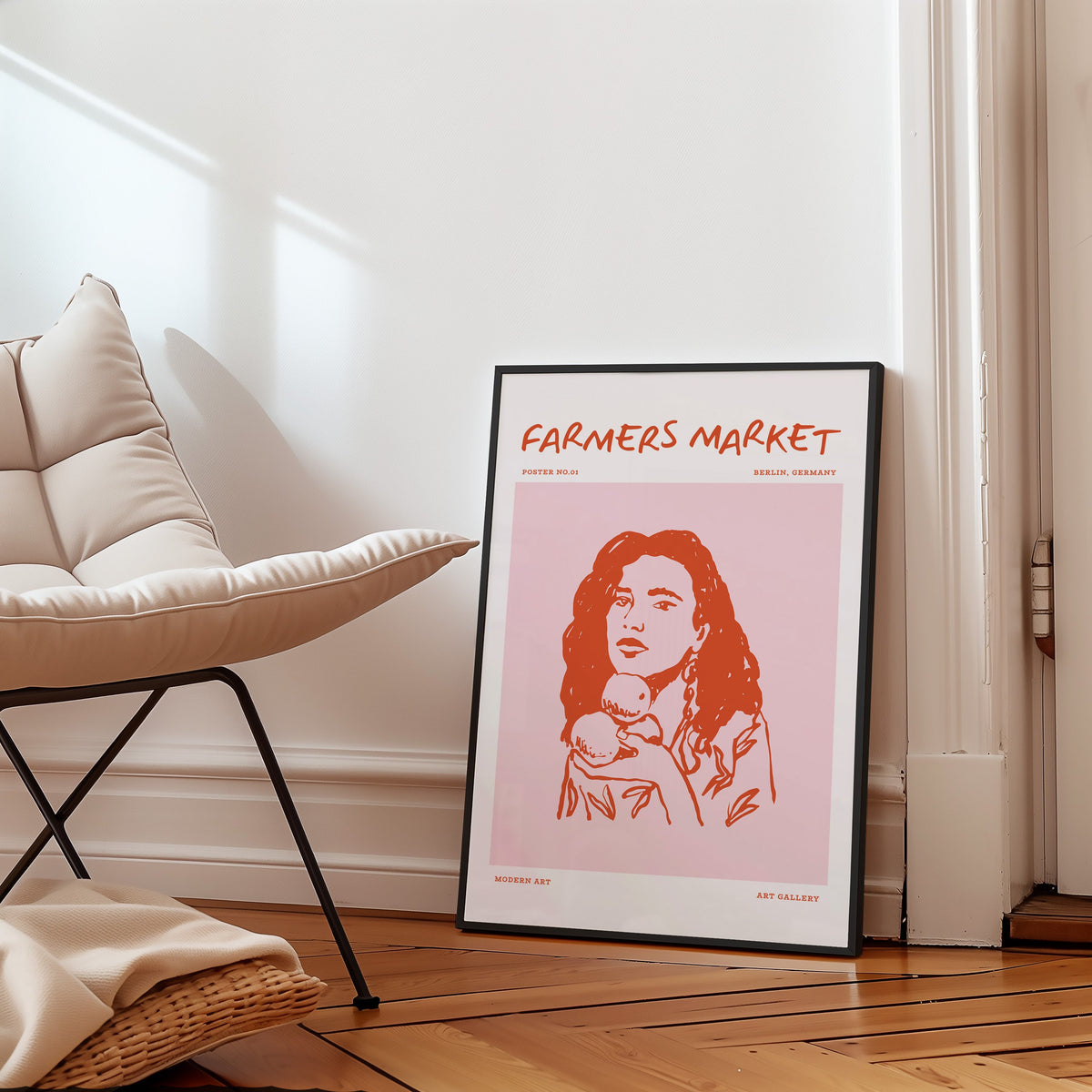 Farmers Market curly hair print in a black frame on a parquet floor