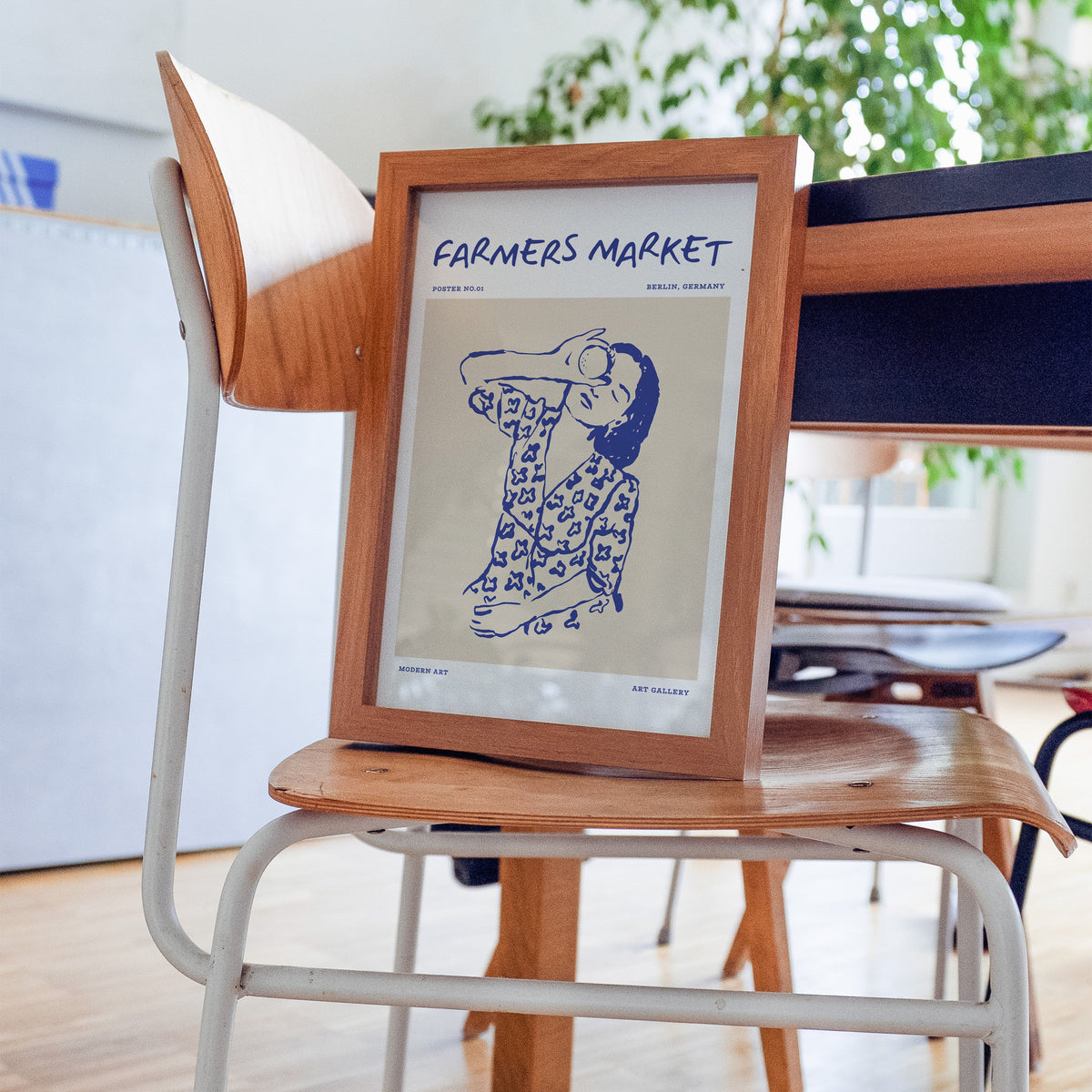 Farmers Market portrait print in a walnut frame on a bentwood chair