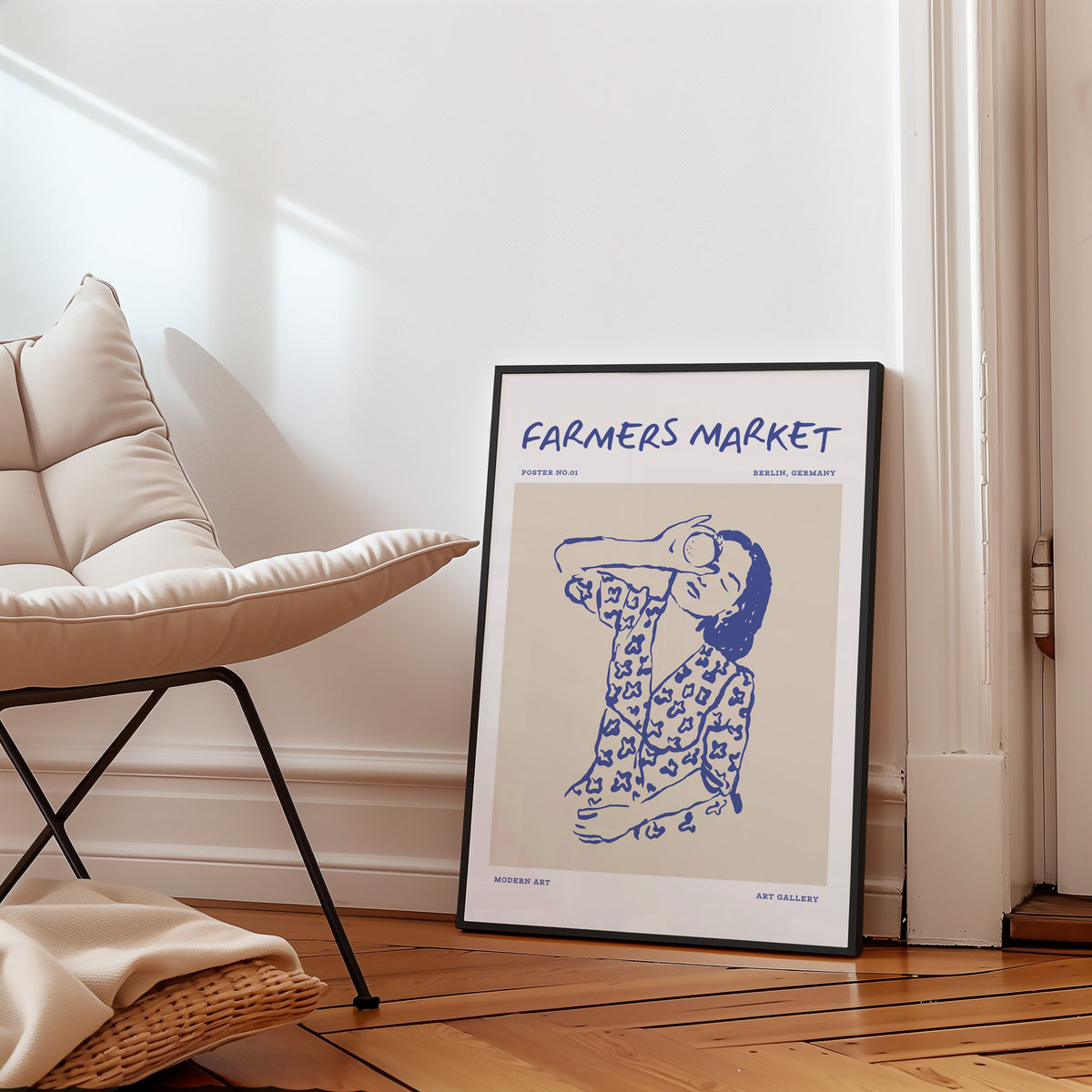 Farmers Market portrait print in a black frame on a parquet floor