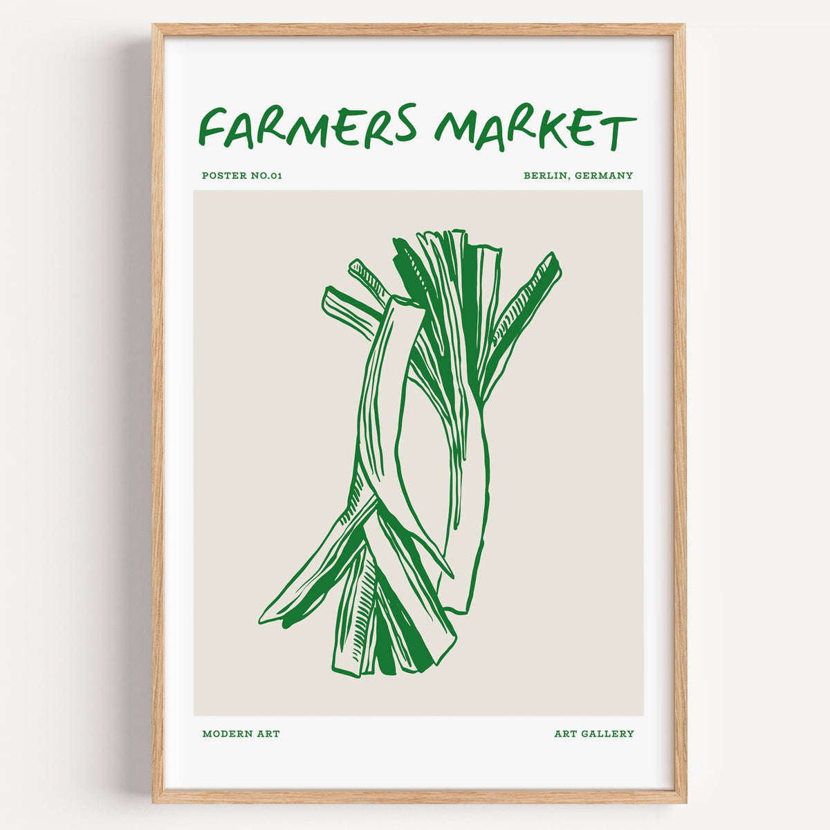 Farmers market leeks poster in green line art, shown flat on a plain white background
