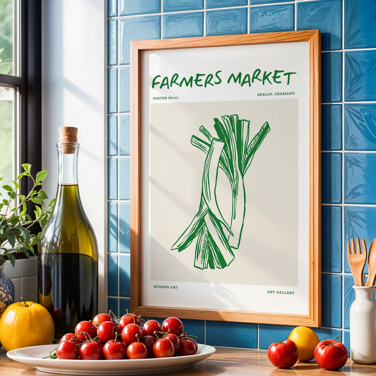 Green leeks print in an oak frame against blue kitchen tiles with olive oil and cherries