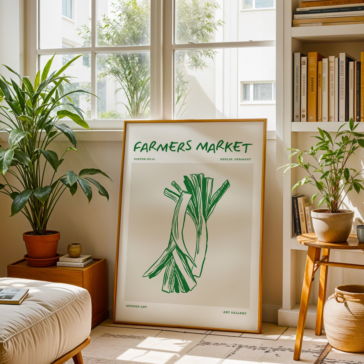 Green leeks print in a brass frame resting on a berber rug in a living room