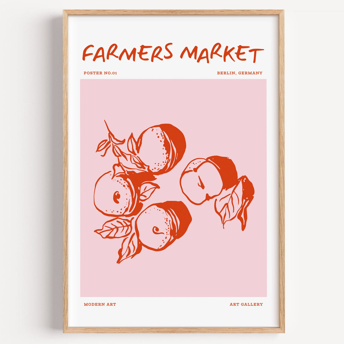Farmers Market peaches poster in red on blush pink, shown flat on a plain white background