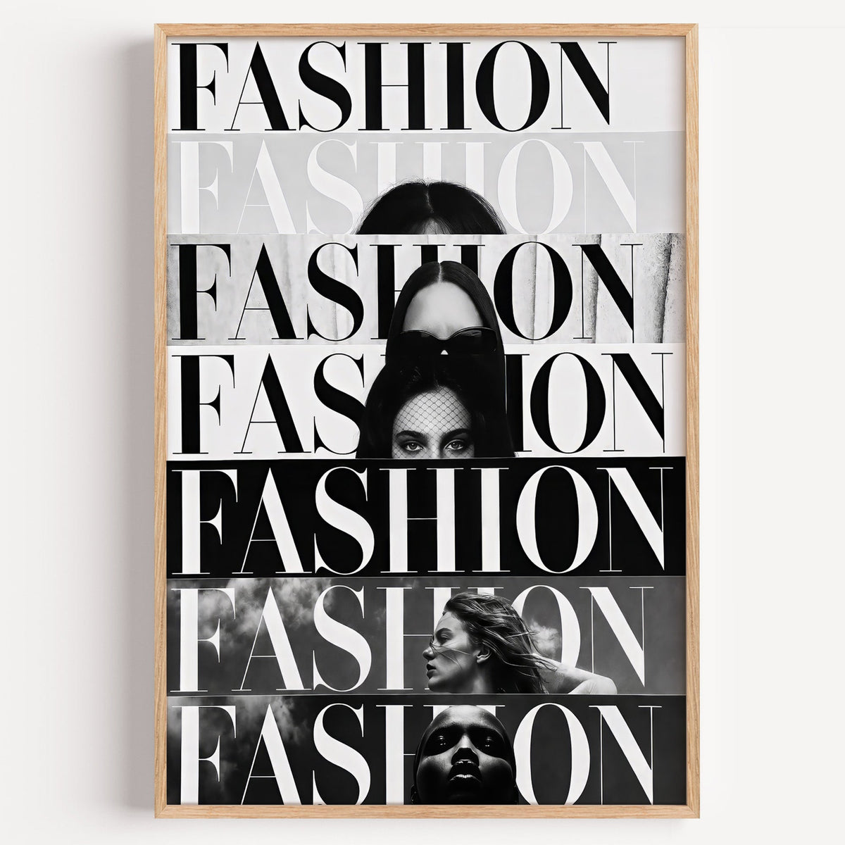 Seven stacked FASHION cover strips print in a light oak frame on a plain white wall