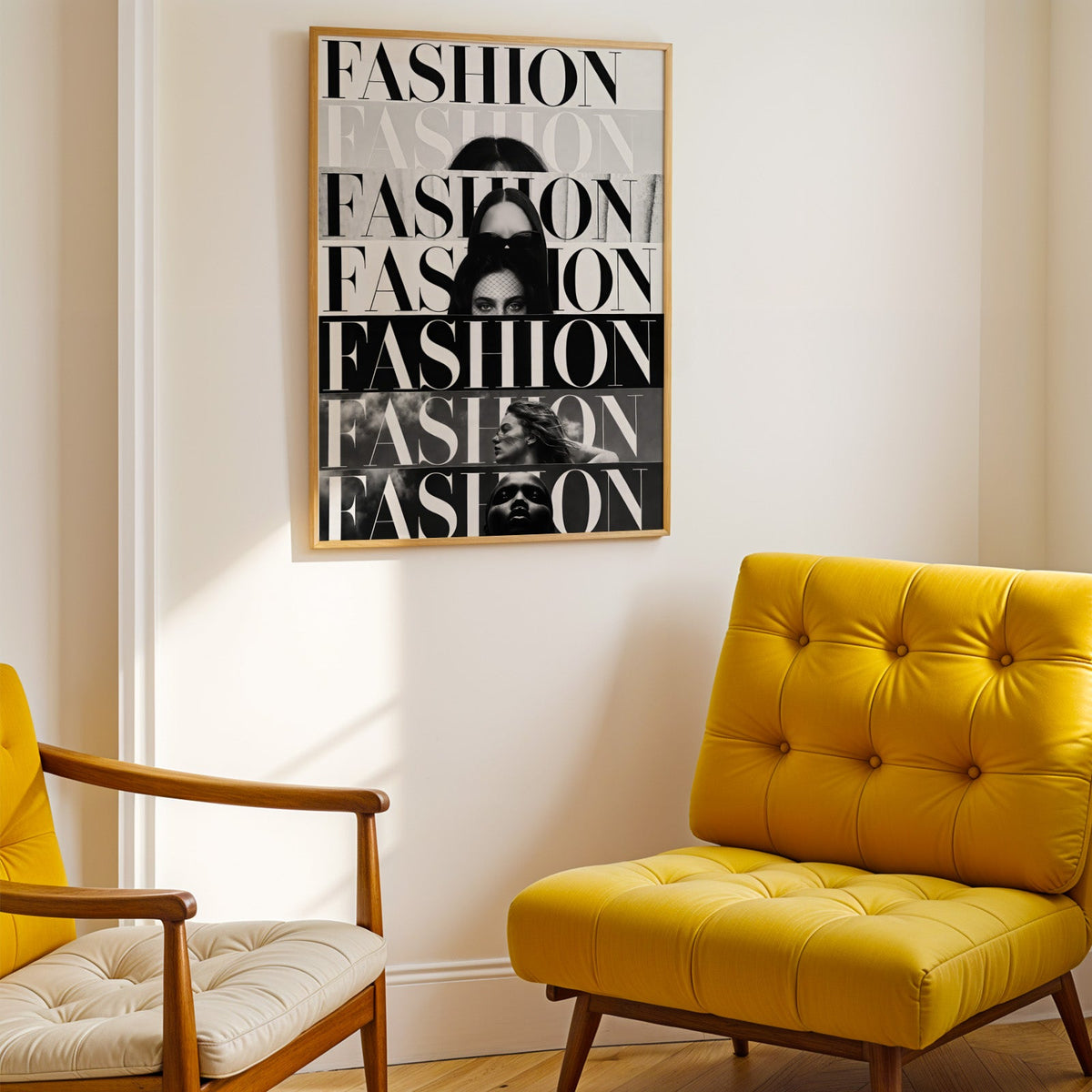 Seven stacked FASHION cover strips print shown in a gold frame above a mustard yellow tufted armchair