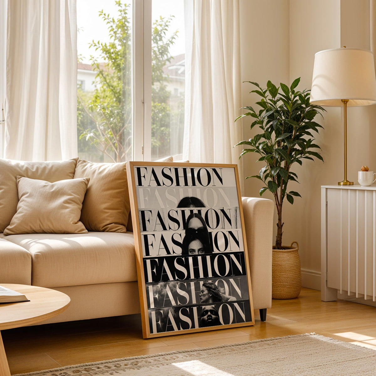 Seven stacked FASHION cover strips print in a light oak frame leaning on a cream sofa beside a floor lamp