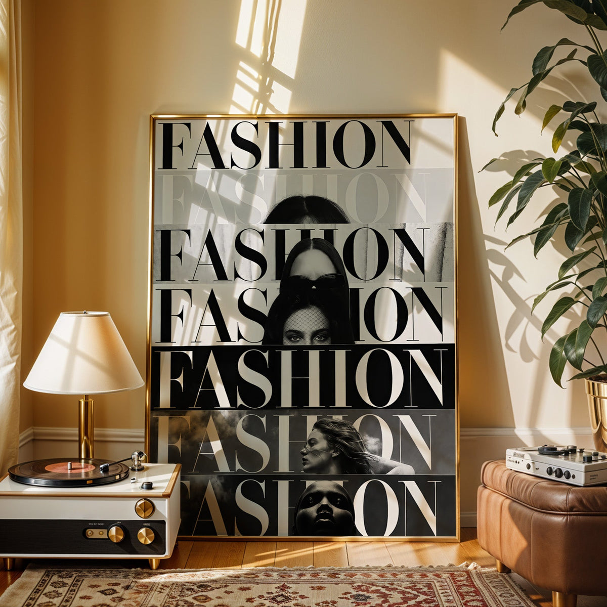 Seven stacked FASHION cover strips print shown in a gold frame beside a record player and table lamp