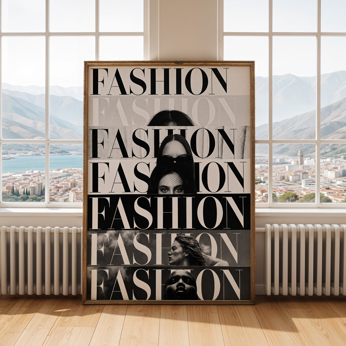 Seven stacked FASHION cover strips print shown in an antique gold frame by tall windows with a sea view