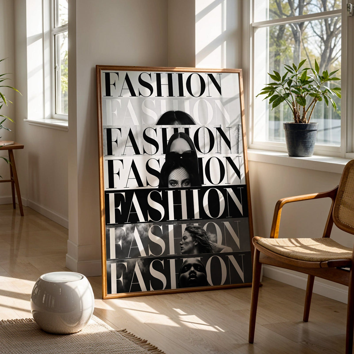 Seven stacked FASHION cover strips print in a walnut frame on a wood floor beside a cane chair and sunny window