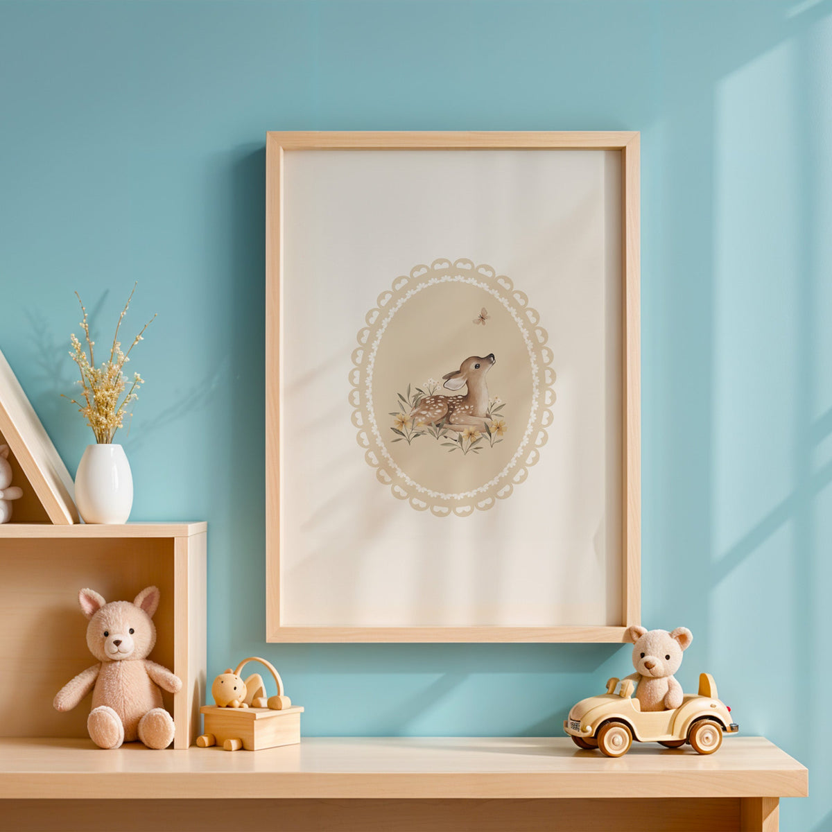Fawn watching a butterfly in a lace oval nursery print in an oak frame on a blue wall above a shelf of wooden toys