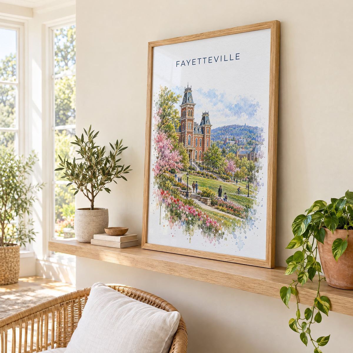 Fayetteville, Arkansas watercolor print in an oak frame on a picture ledge in a sunlit sunroom
