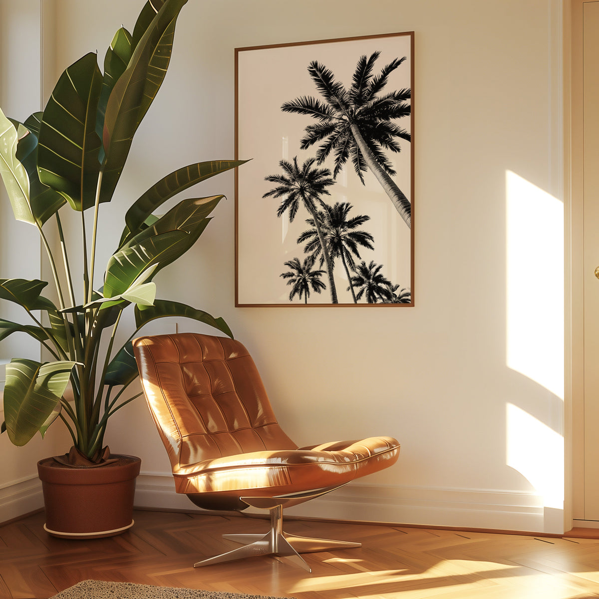 Feather leaf palms on a white sky print in a walnut frame above a leather lounge chair