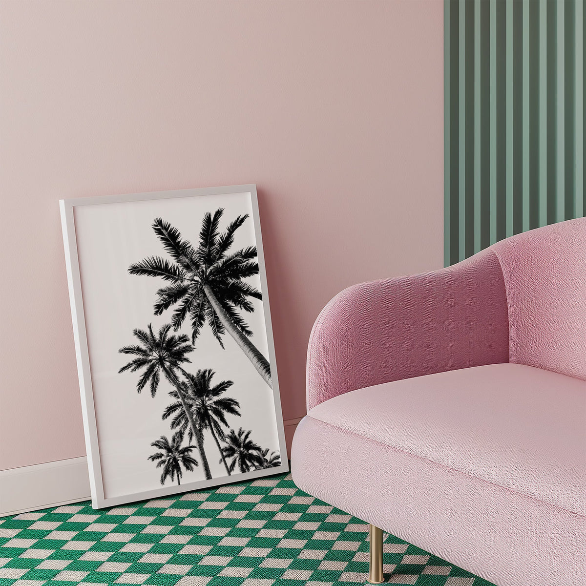 Feather leaf palms on a white sky print in a white frame beside a pink armchair on a checkered floor