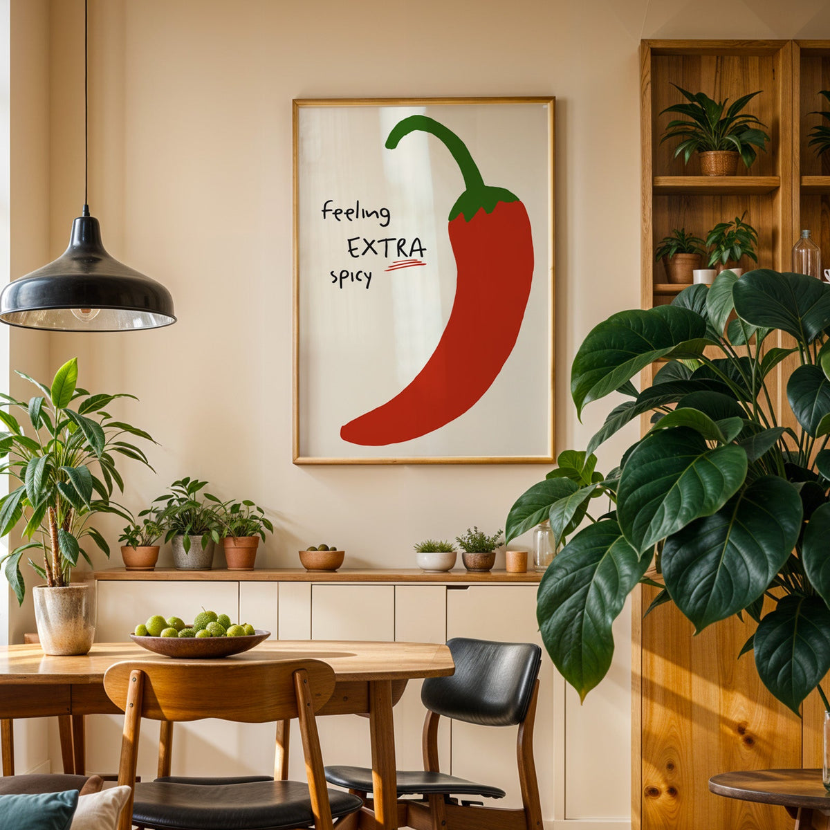 Feeling extra spicy chili print in an oak frame above a sideboard in a plant-filled dining room