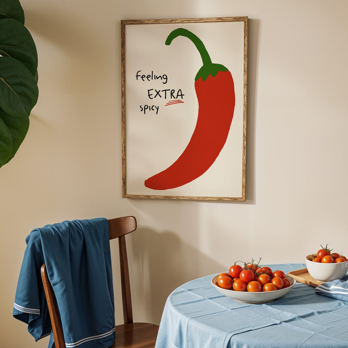 Feeling extra spicy chili print in an oak frame above a blue linen table with ripe tomatoes