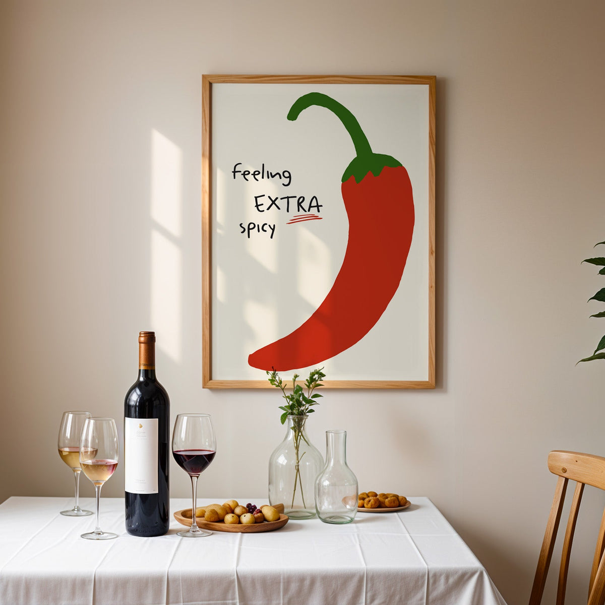 Feeling extra spicy chili print in an oak frame above a table laid with red wine and glasses
