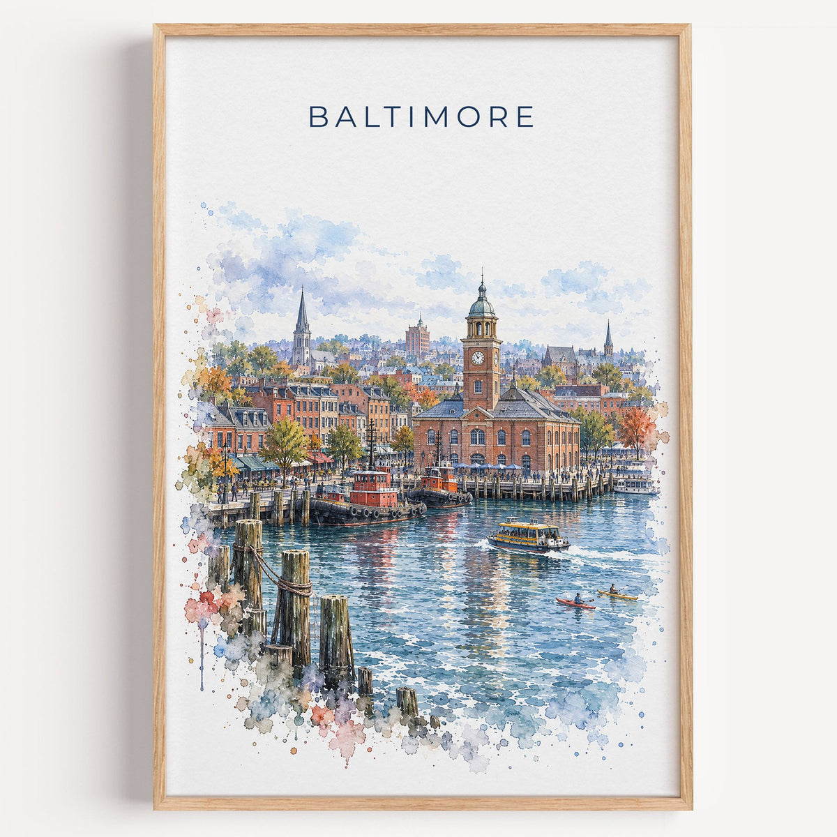 Fells Point Baltimore watercolor print in a light oak frame on a plain white wall