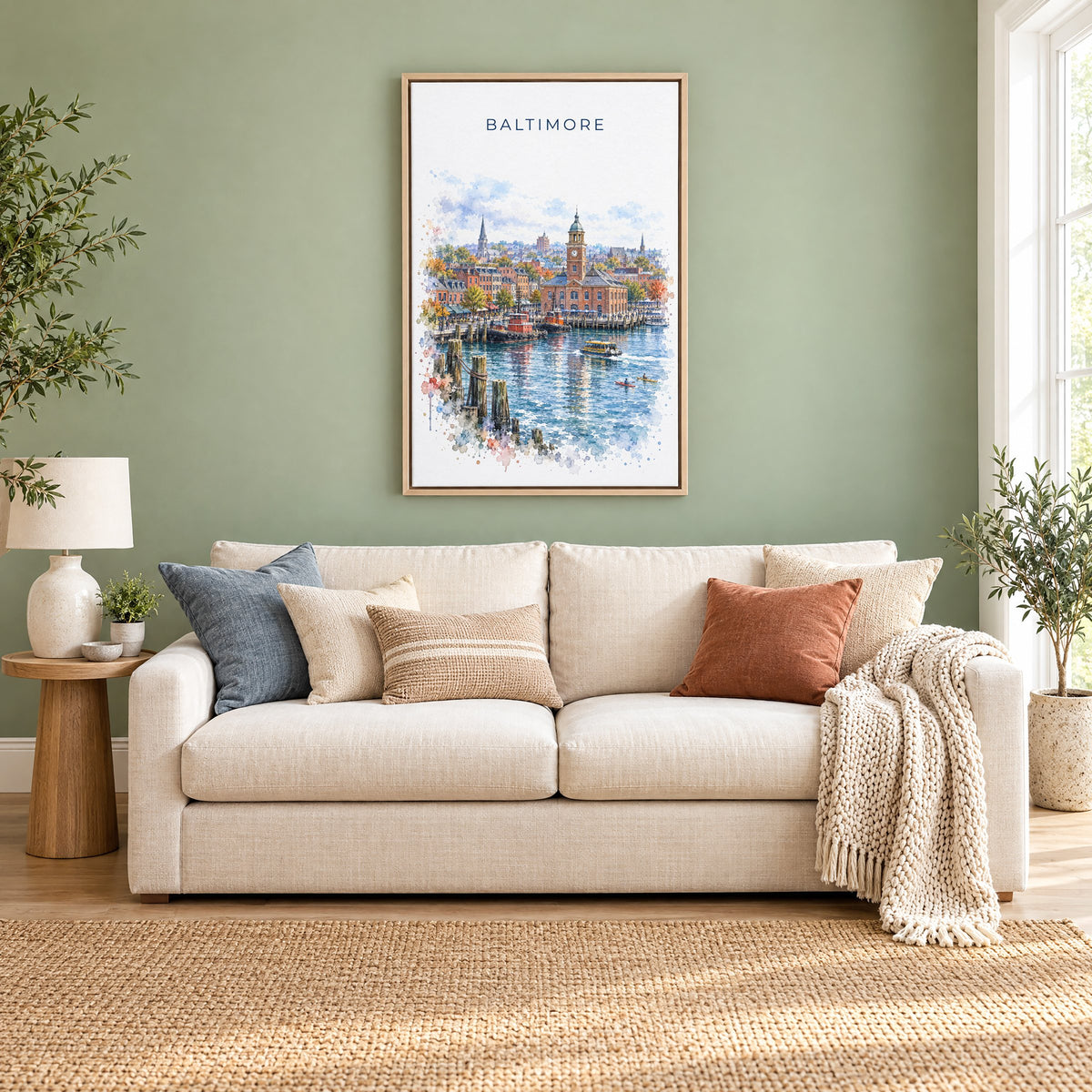 Fells Point Baltimore watercolor print as a natural floater canvas above a cream linen sofa on a sage green wall