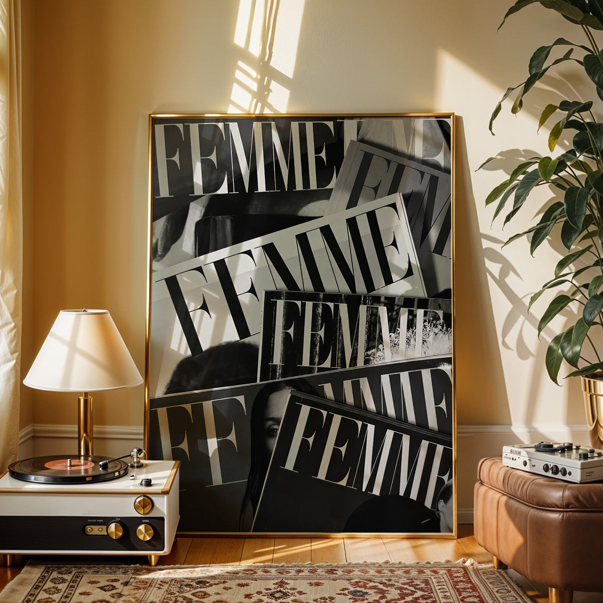 Layered FEMME magazine covers collage print shown in a gold frame beside a record player and table lamp