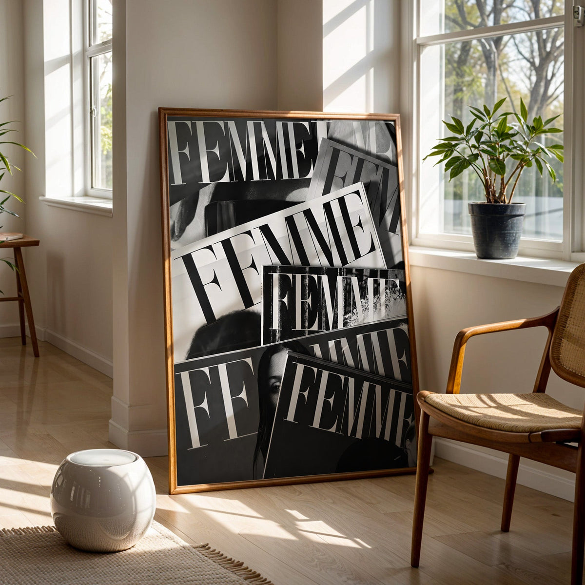Layered FEMME magazine covers collage print in a walnut frame on a wood floor beside a cane chair and sunny window