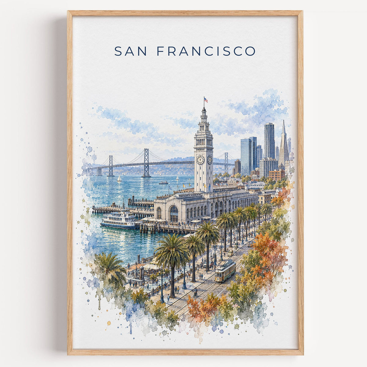 Ferry Building San Francisco watercolor print in a light oak frame on a plain white wall