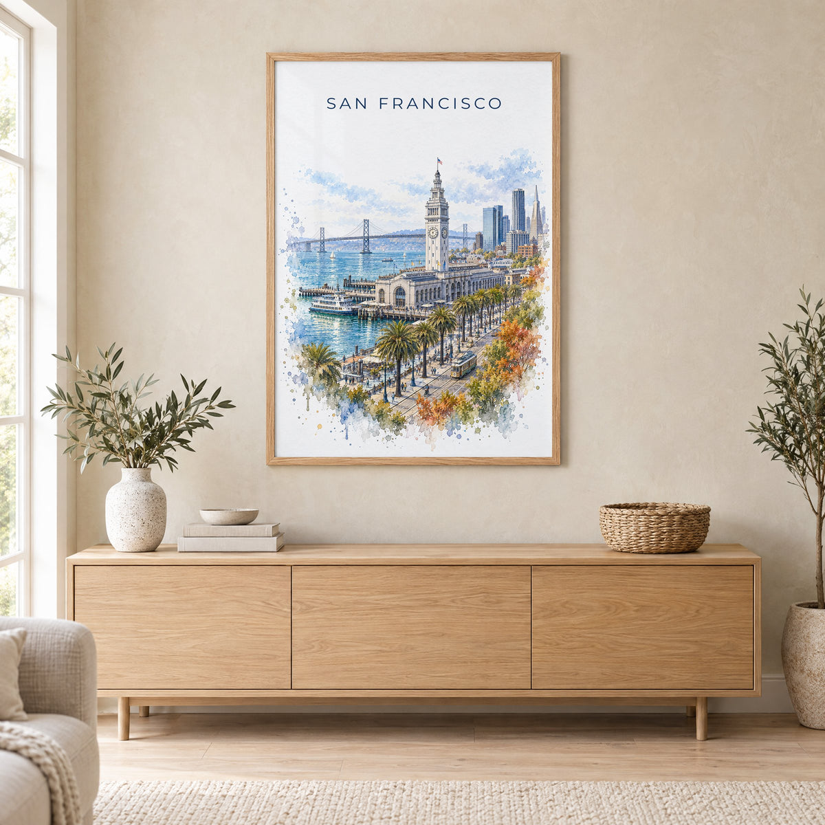 Ferry Building San Francisco watercolor print in an oak frame above a light wood sideboard in a Scandinavian living room