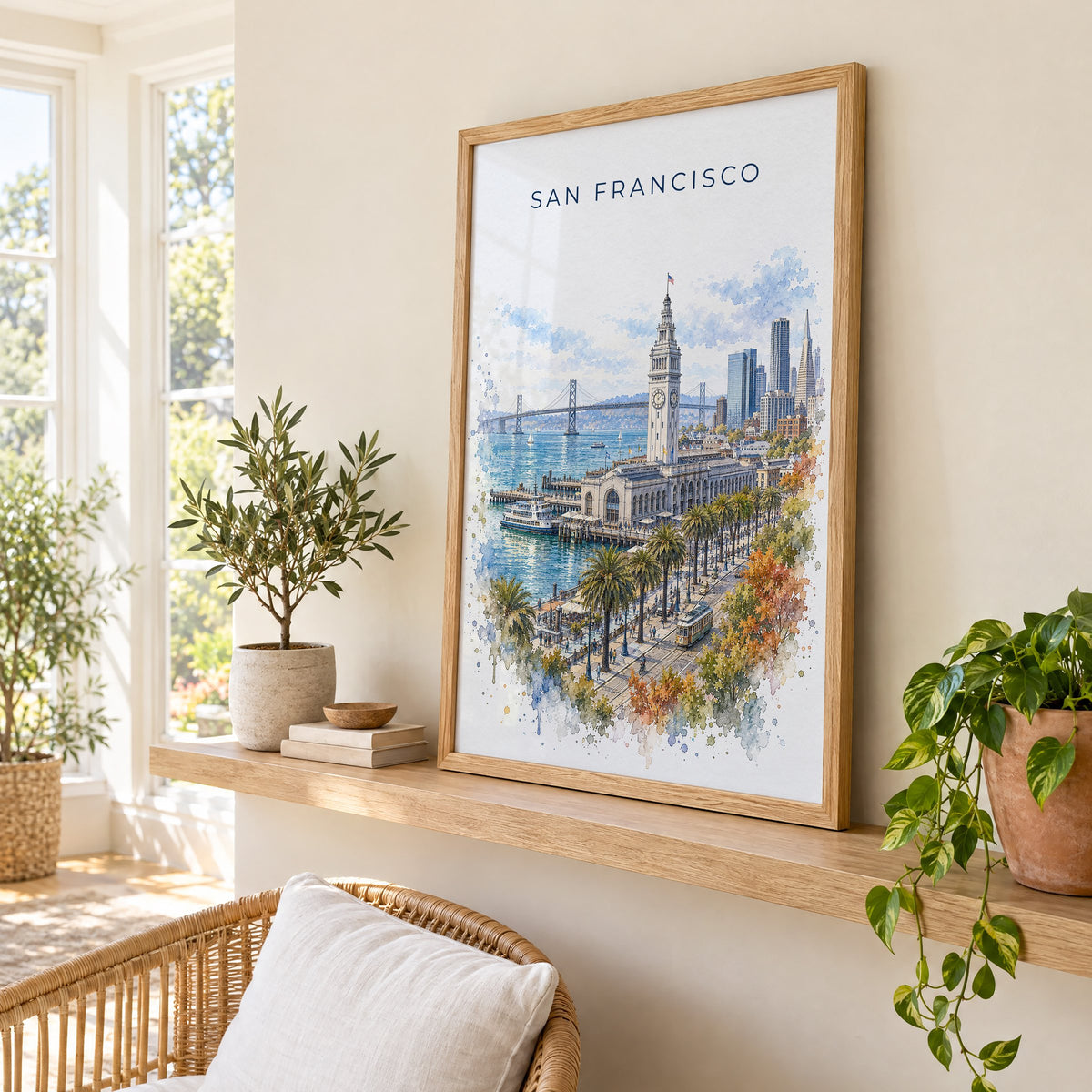 Ferry Building San Francisco watercolor print in an oak frame on a picture ledge in a sunlit sunroom