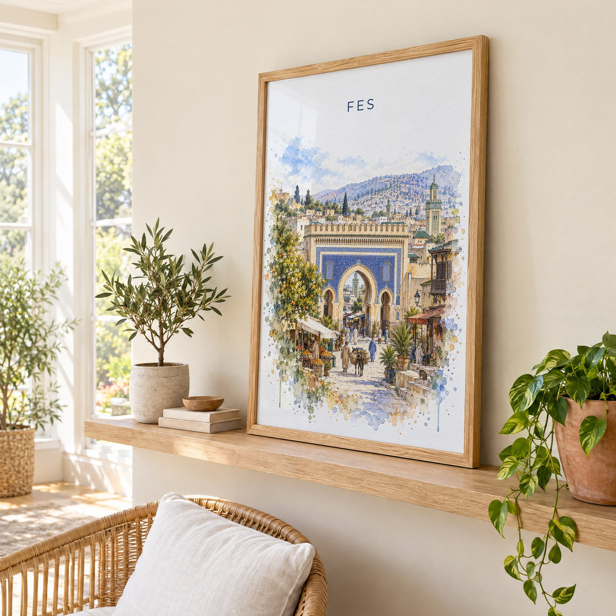Fes, Morocco watercolor print in an oak frame on a picture ledge in a sunlit sunroom