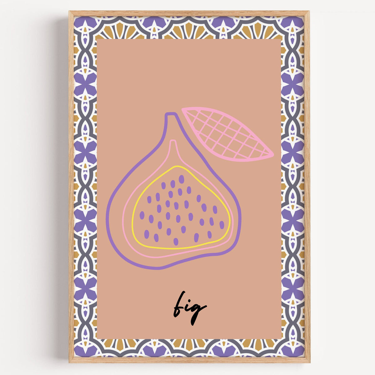 fig pastel outline purple tile print in a light oak frame on a plain white wall