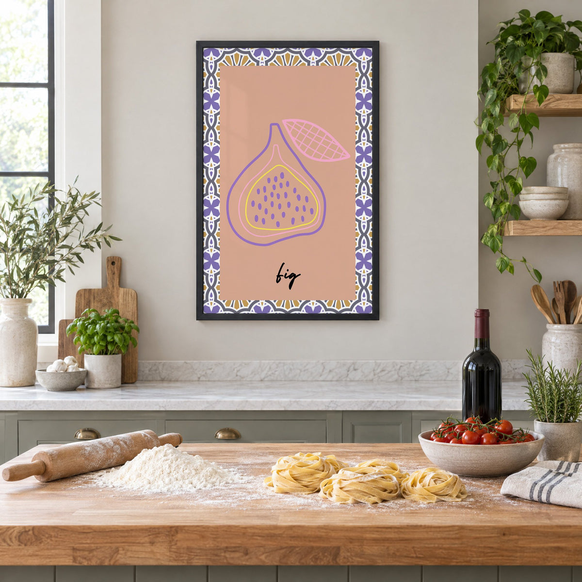 fig pastel outline purple tile print in a black frame above a butcher-block island with fresh pasta, flour and cherry tomatoes