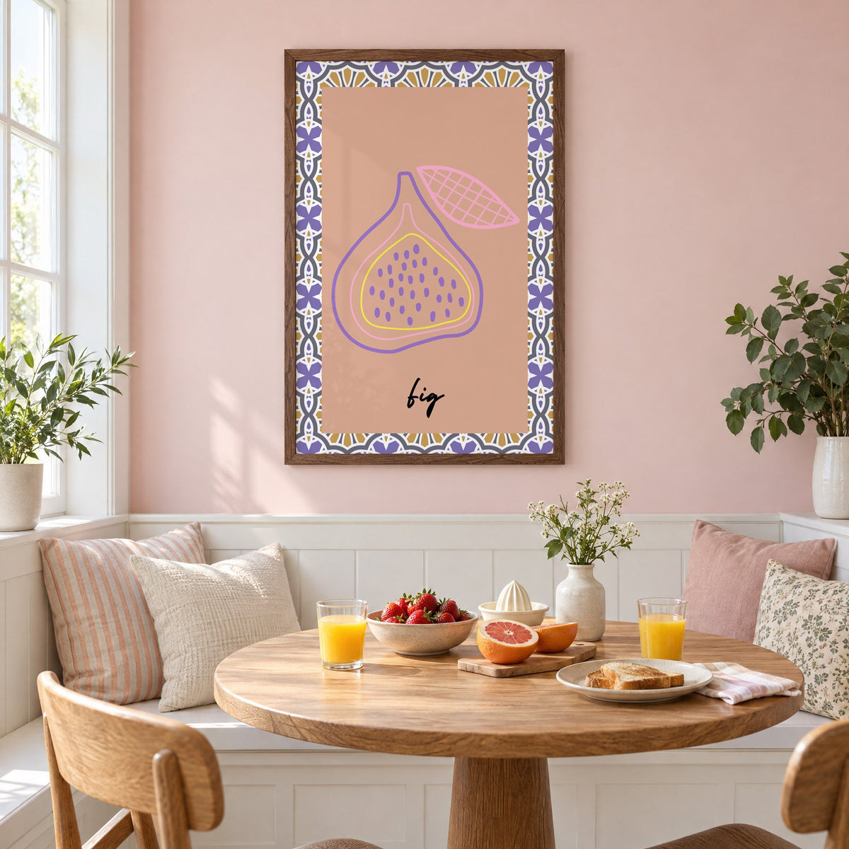 fig pastel outline purple tile print in a walnut frame on a pastel pink wall above a breakfast nook with strawberries and orange juice