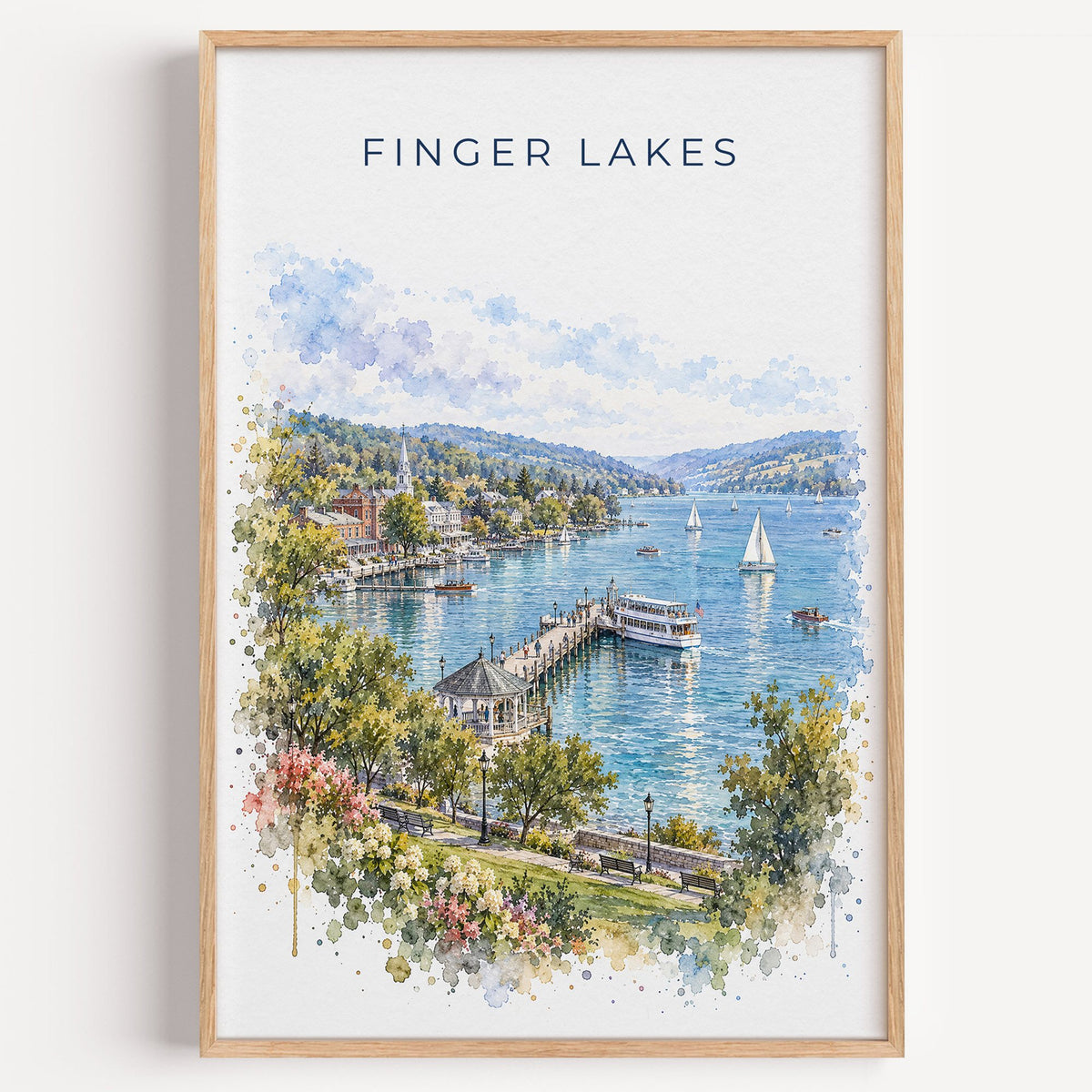 Finger Lakes watercolor print in a light oak frame on a plain white wall