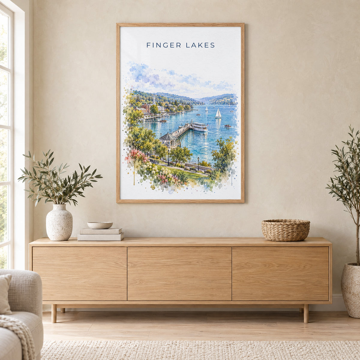 Finger Lakes watercolor print in an oak frame above a light wood sideboard in a Scandinavian living room