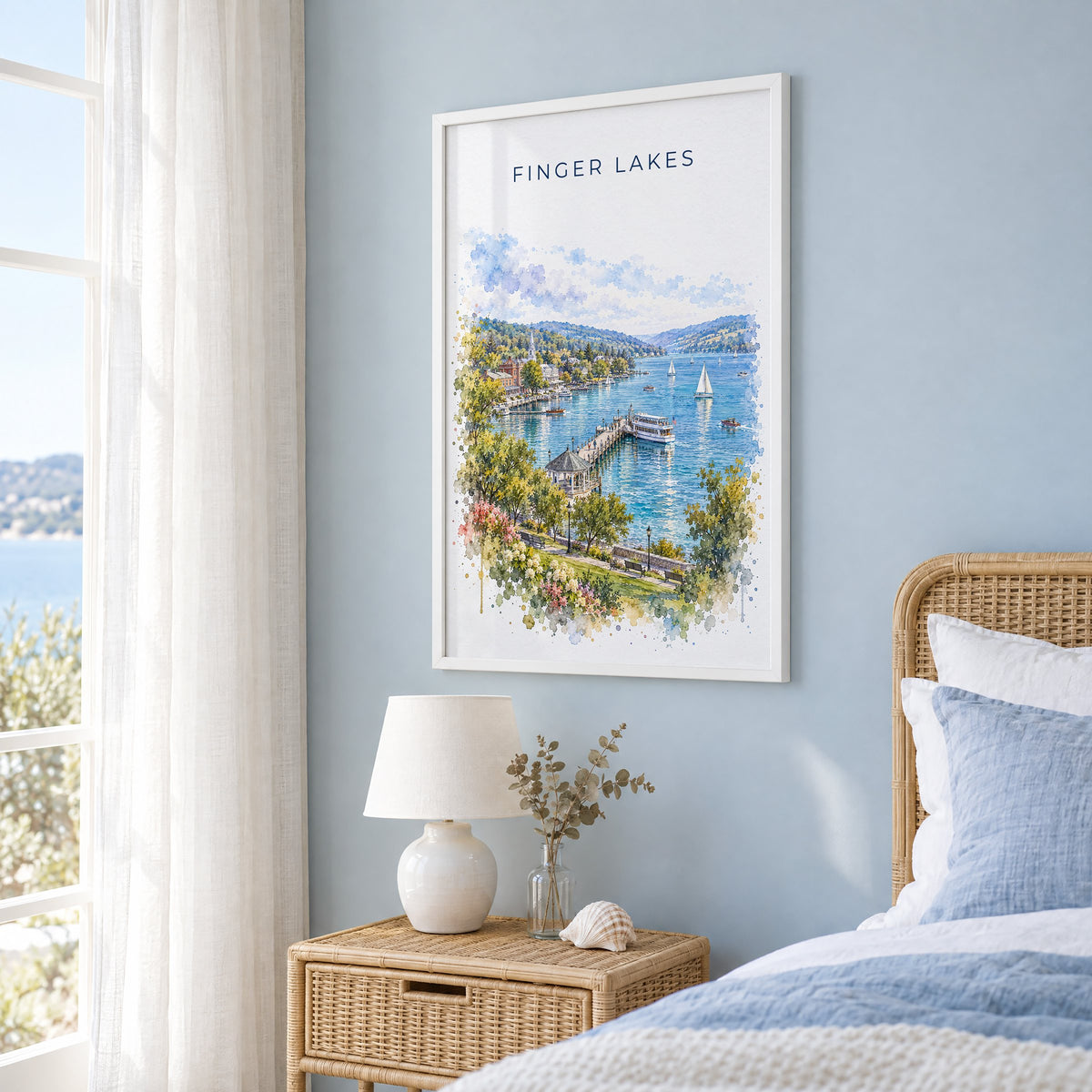 Finger Lakes watercolor print in a white frame on a pale blue wall beside a rattan bed in a coastal bedroom