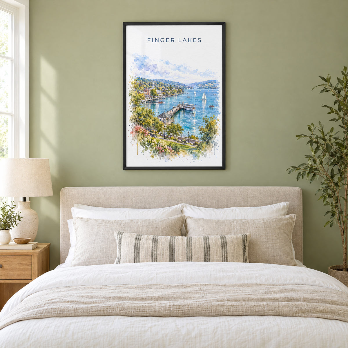 Finger Lakes watercolor print in a black frame above an upholstered headboard in a sage green bedroom